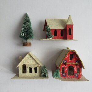 Putz Houses White & Red Green Bottle Brush Tree Christmas Village Japan Taiwan